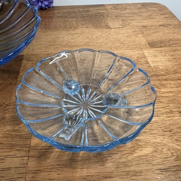 Vintage Blue Glass 3-Footed Dish Set Retro Ribbed Pattern Decorative Bowl - Picture 7 of 9